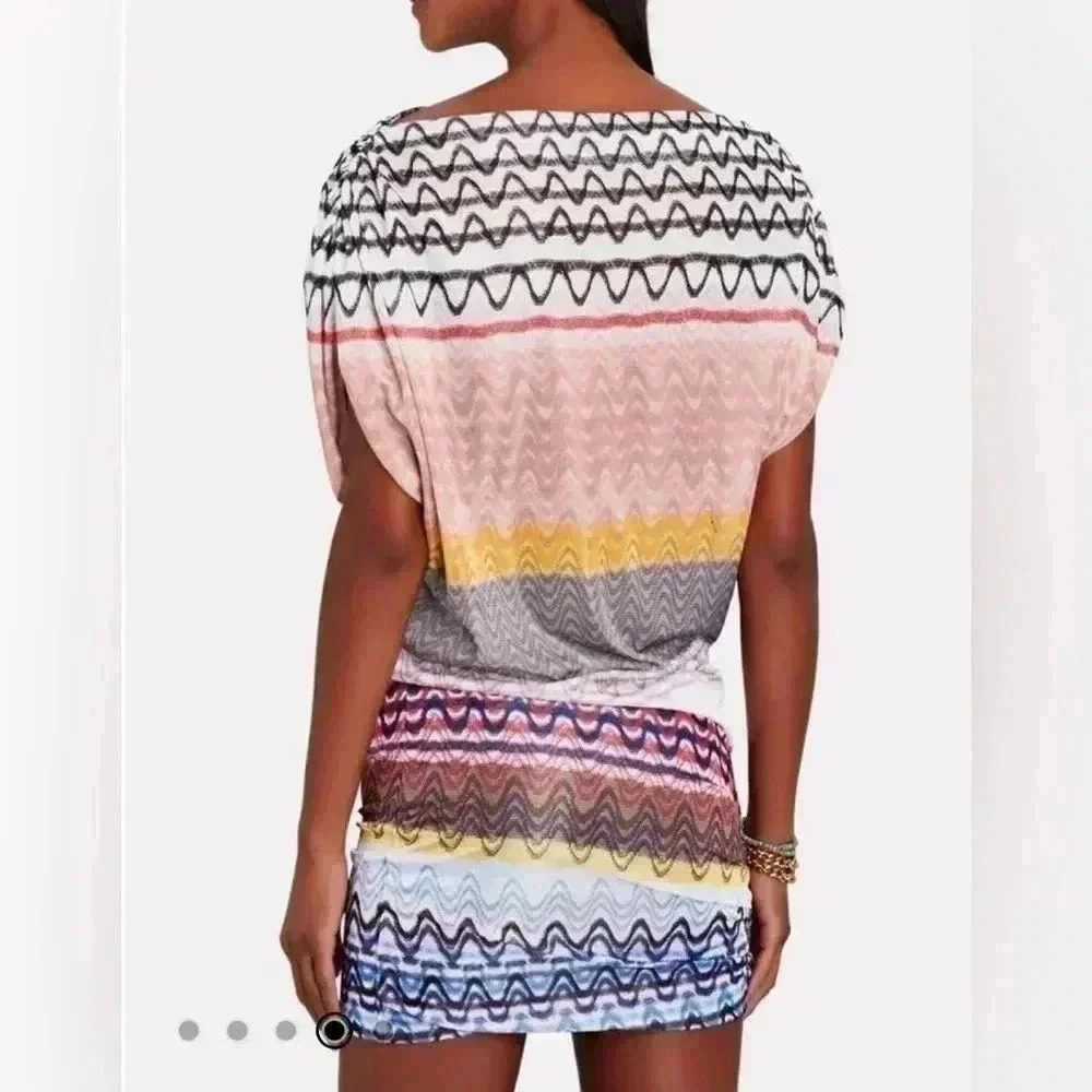 MISSONI Mini Dress Knit Chevron Boatneck 44 8 L Multicolor Midi Short Fitted - Picture 2 of 12